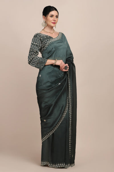 Beautiful green color floral motif embroidered saree