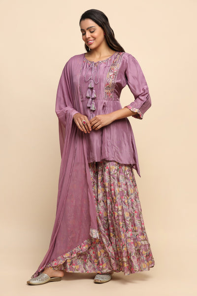 Beautiful purple color floral printed and embroidered sharara set