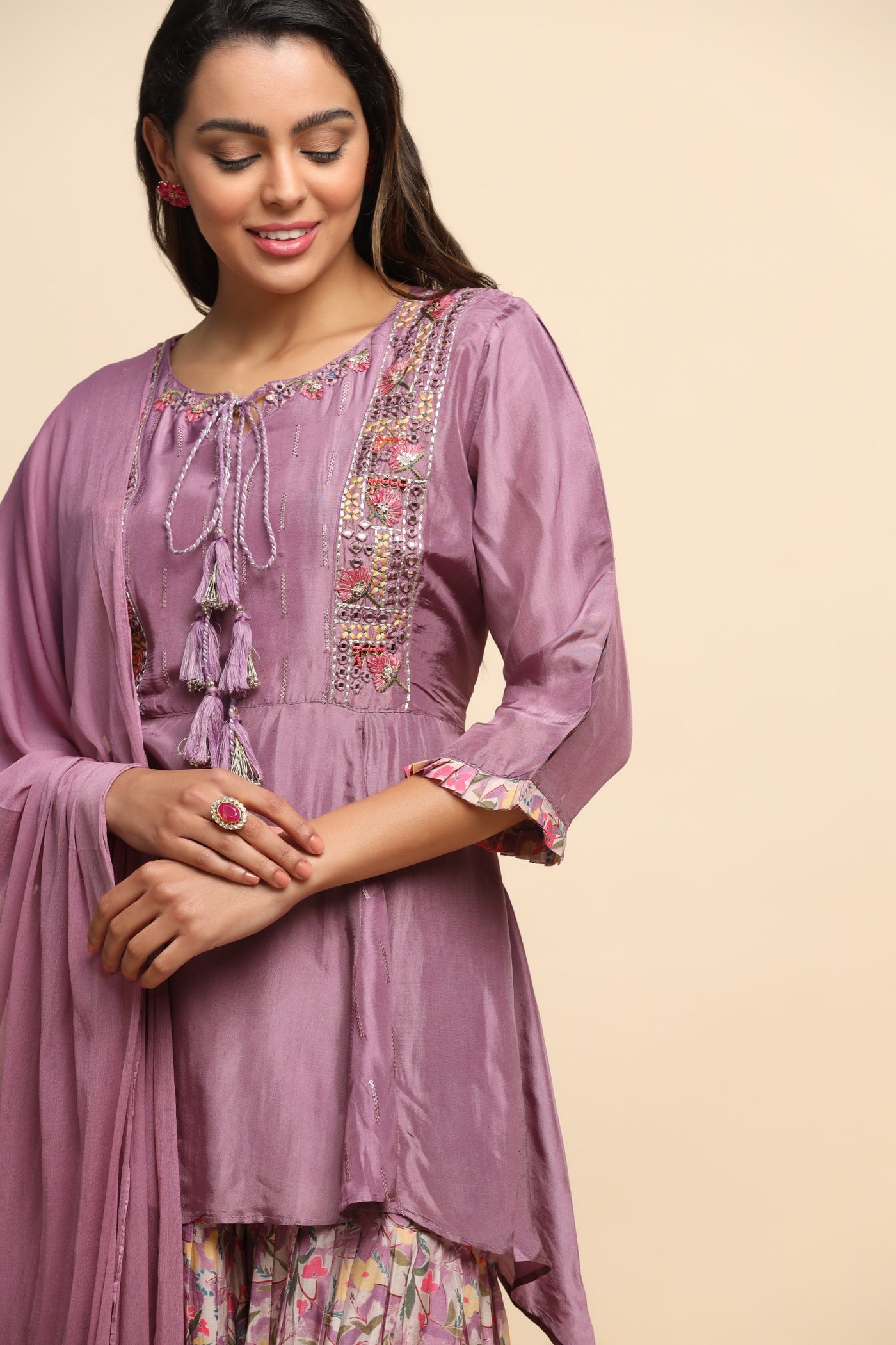 Beautiful purple color floral printed and embroidered sharara set