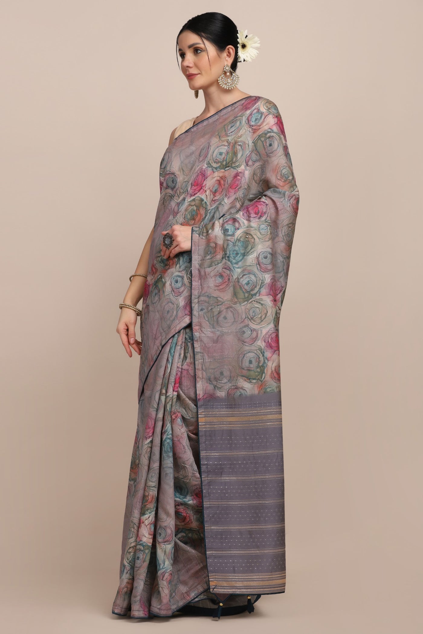 Classy multi color floral motif printed saree