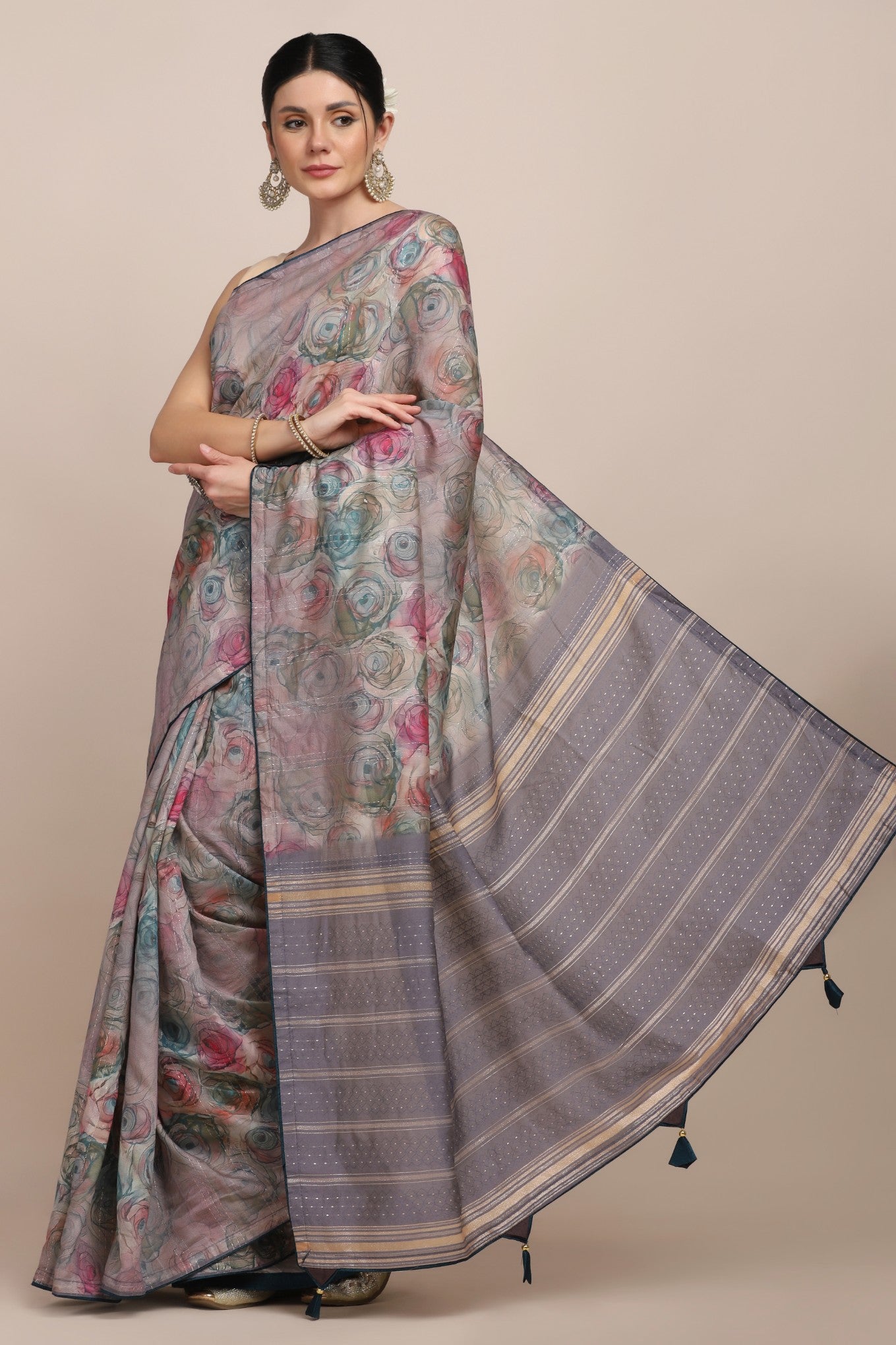 Classy multi color floral motif printed saree