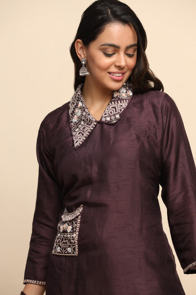 Beautiful wine color floral motif embroidered kurti