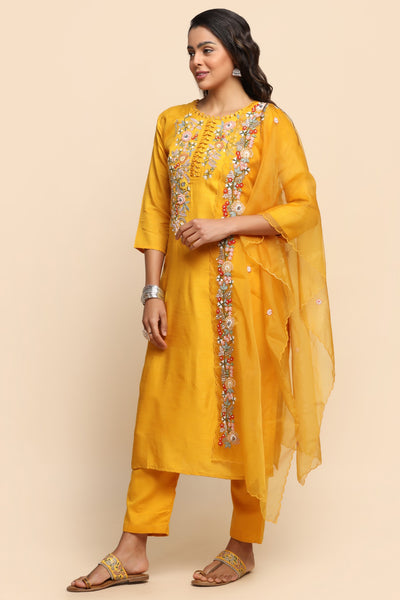 Beautiful mustard color floral embroidered suit
