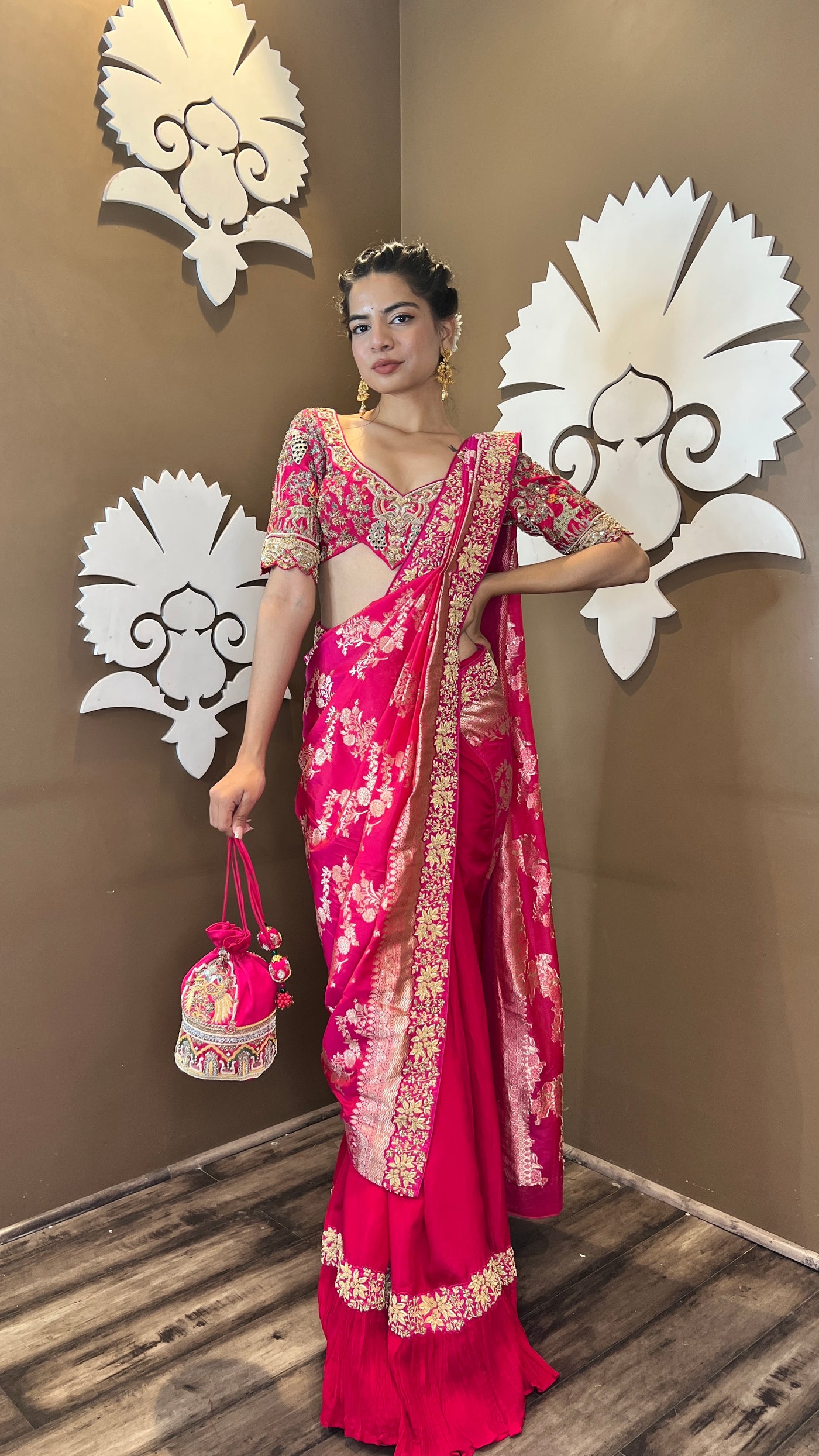 Classy Magenta Pink Embroidered Saree With Frill