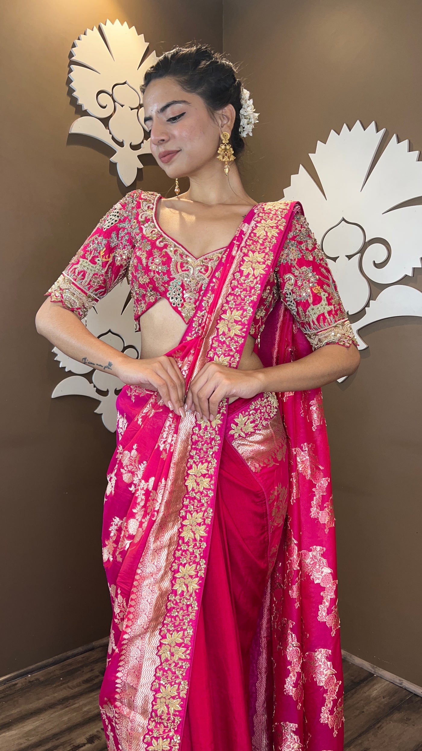 Classy Magenta Pink Embroidered Saree With Frill