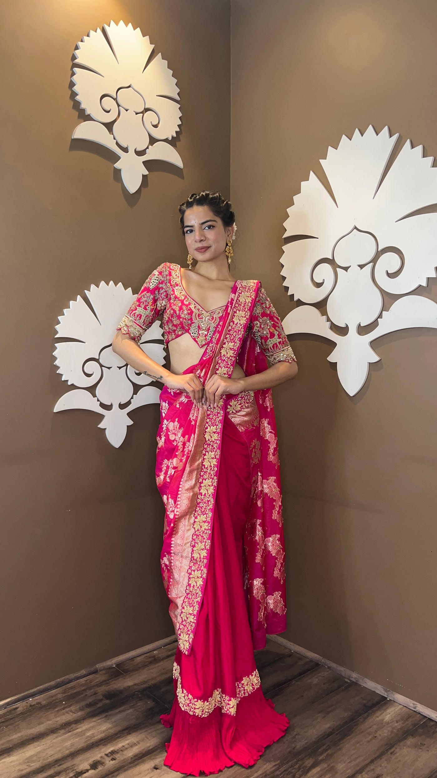Buy Akhilam Women Georgette Pink Embellished Designer Saree With Unstitched  Blouse Piece online
