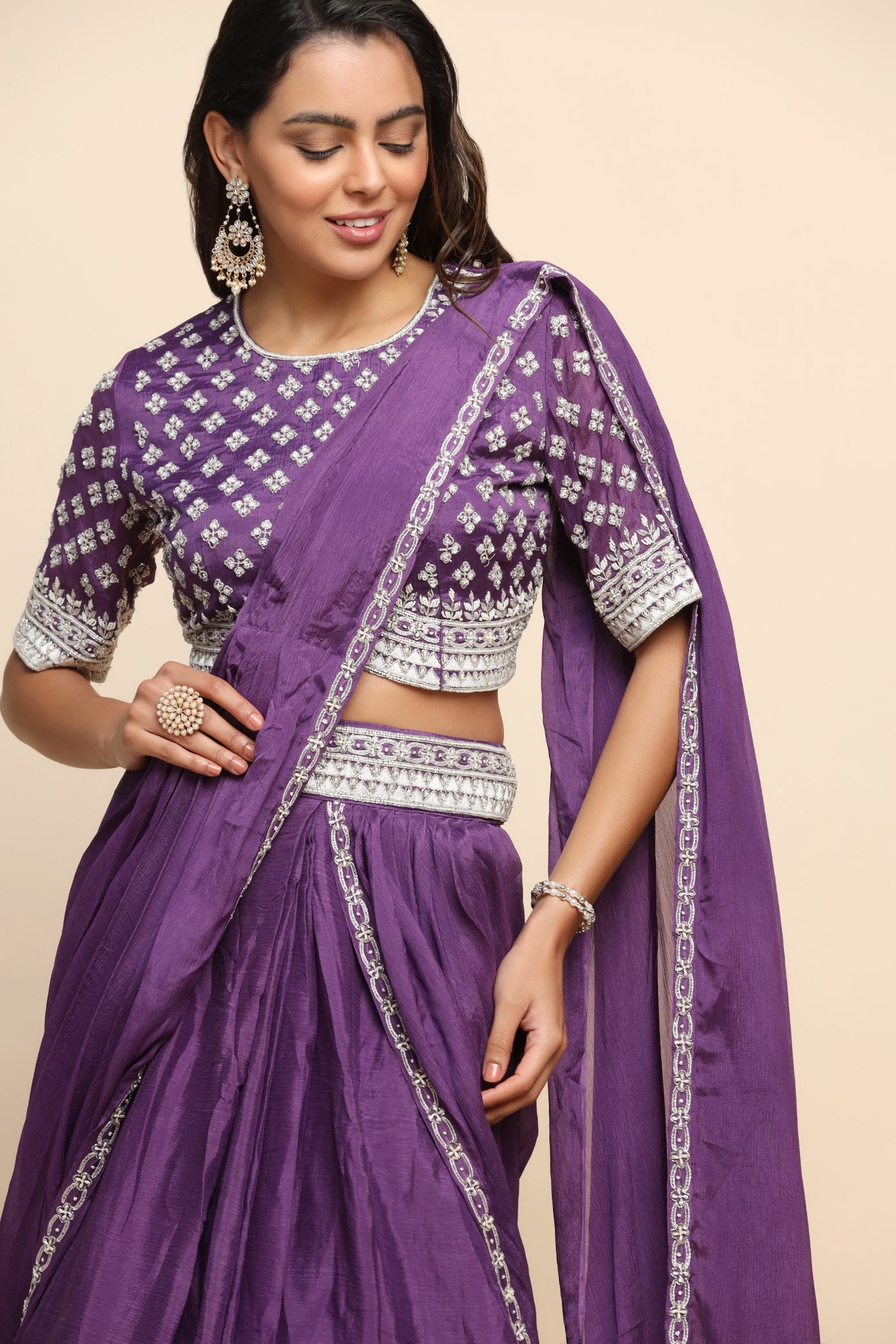 Kamaali Pret - Purple Embellished Feathers V Neck Saree Skirt With Draped  Blouse For Women