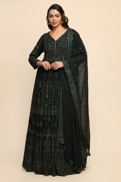 Elegant dark green color floral motif embroidered gown
