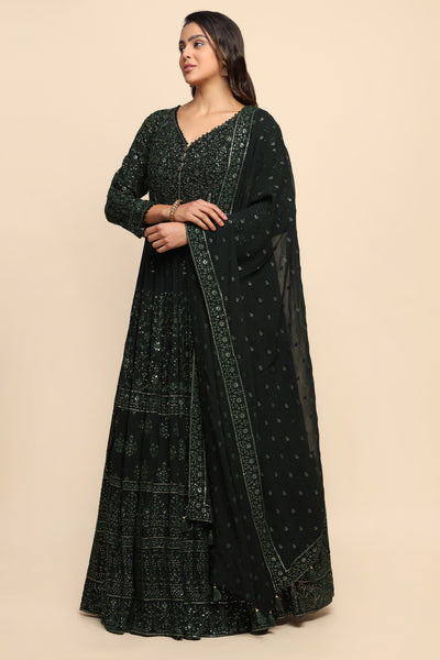 Elegant dark green color floral motif embroidered gown