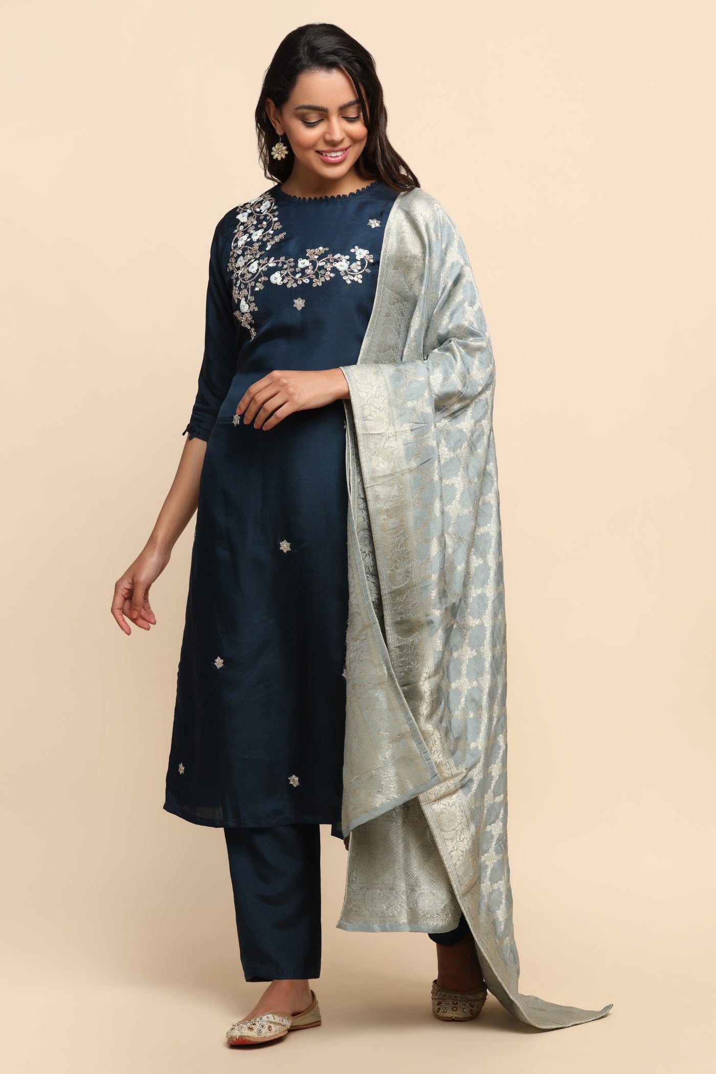 Elegant royal blue color floral motif embroidered kurta set