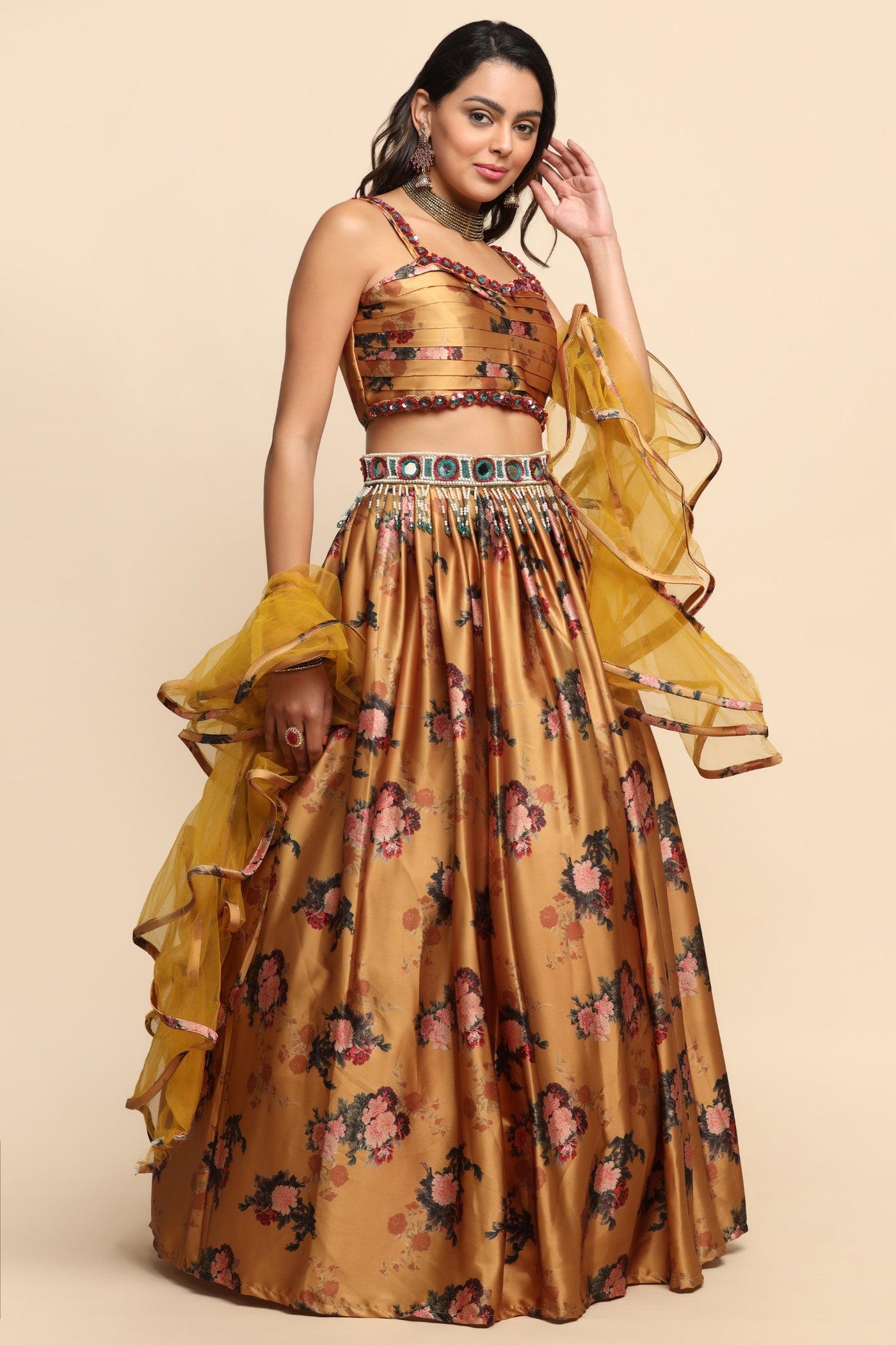 Beautiful mustard color floral motif printed and embroidered lehenga