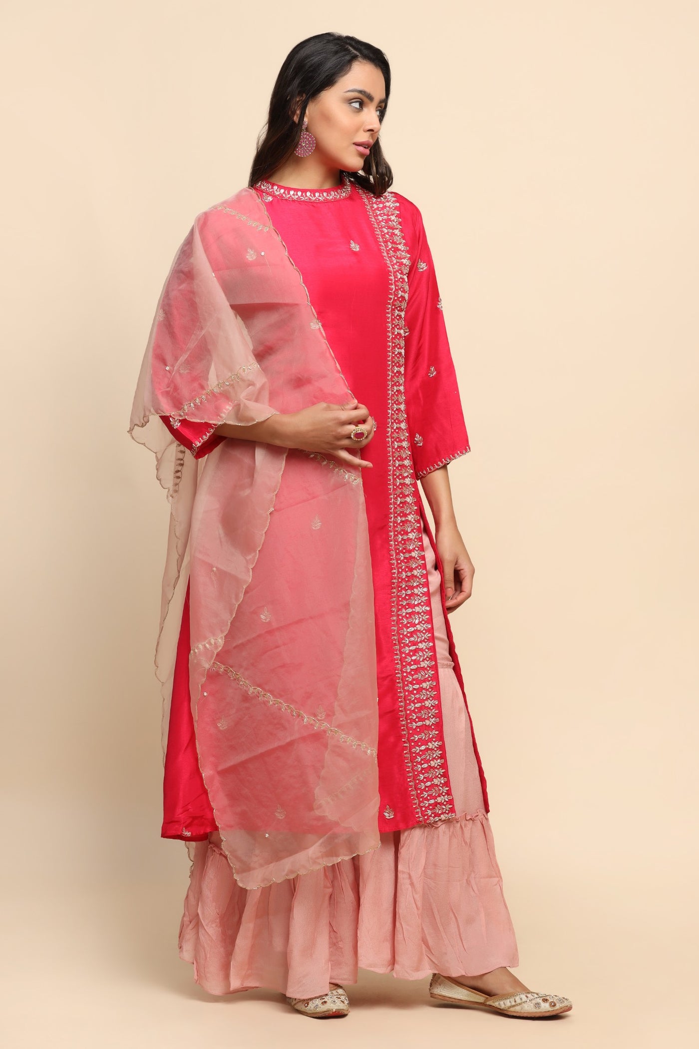 Beautiful pink color floral motif embroidered kurti with sharara