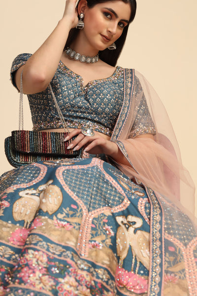 Classy Blue & pink color floral motif embroidered Lehenga