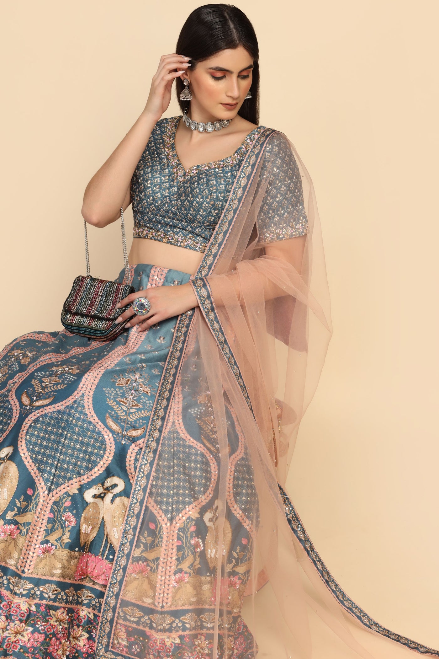 Classy Blue & pink color floral motif embroidered Lehenga