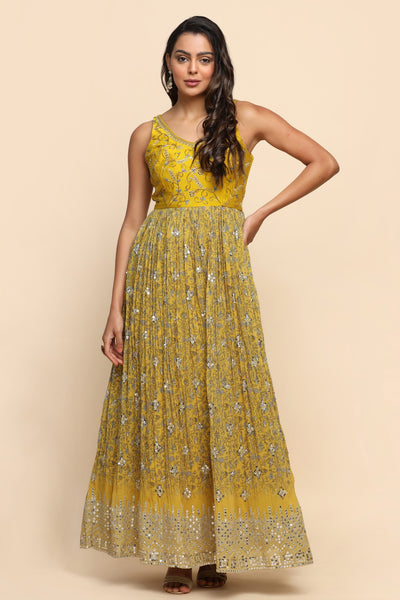 Beautiful yellow color floral motif embroidered dress