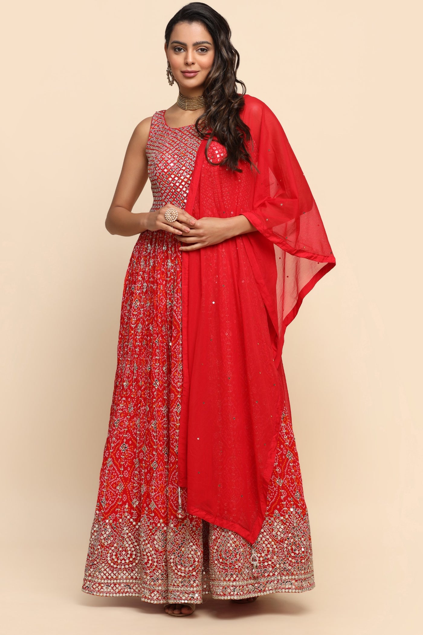 Classy Red color bandhej printed and embroidered dress
