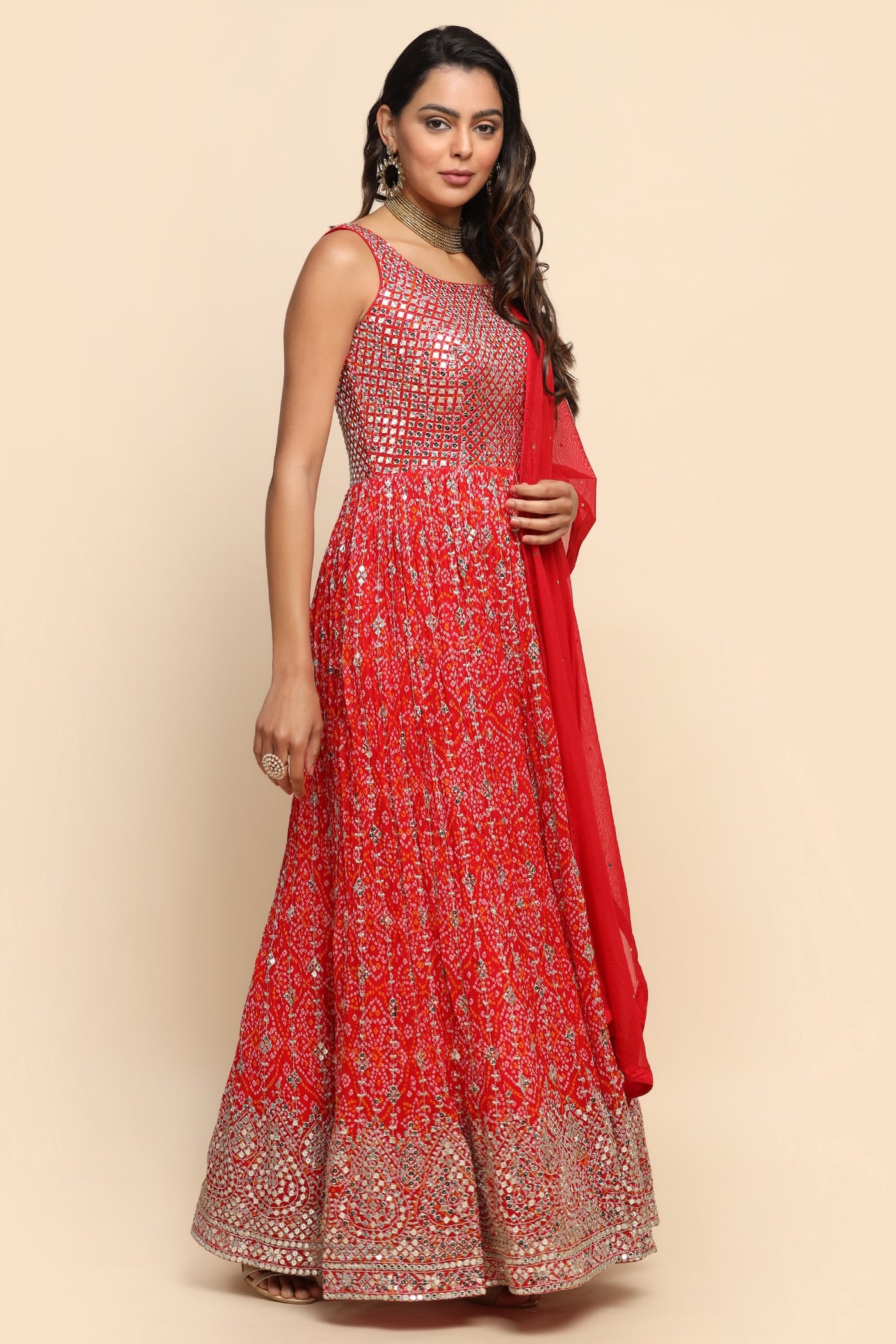 Classy Red color bandhej printed and embroidered dress