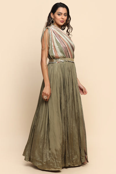 beautiful green color dress with one side drape