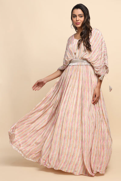 Elegant light multi color dress with curtain sleeves