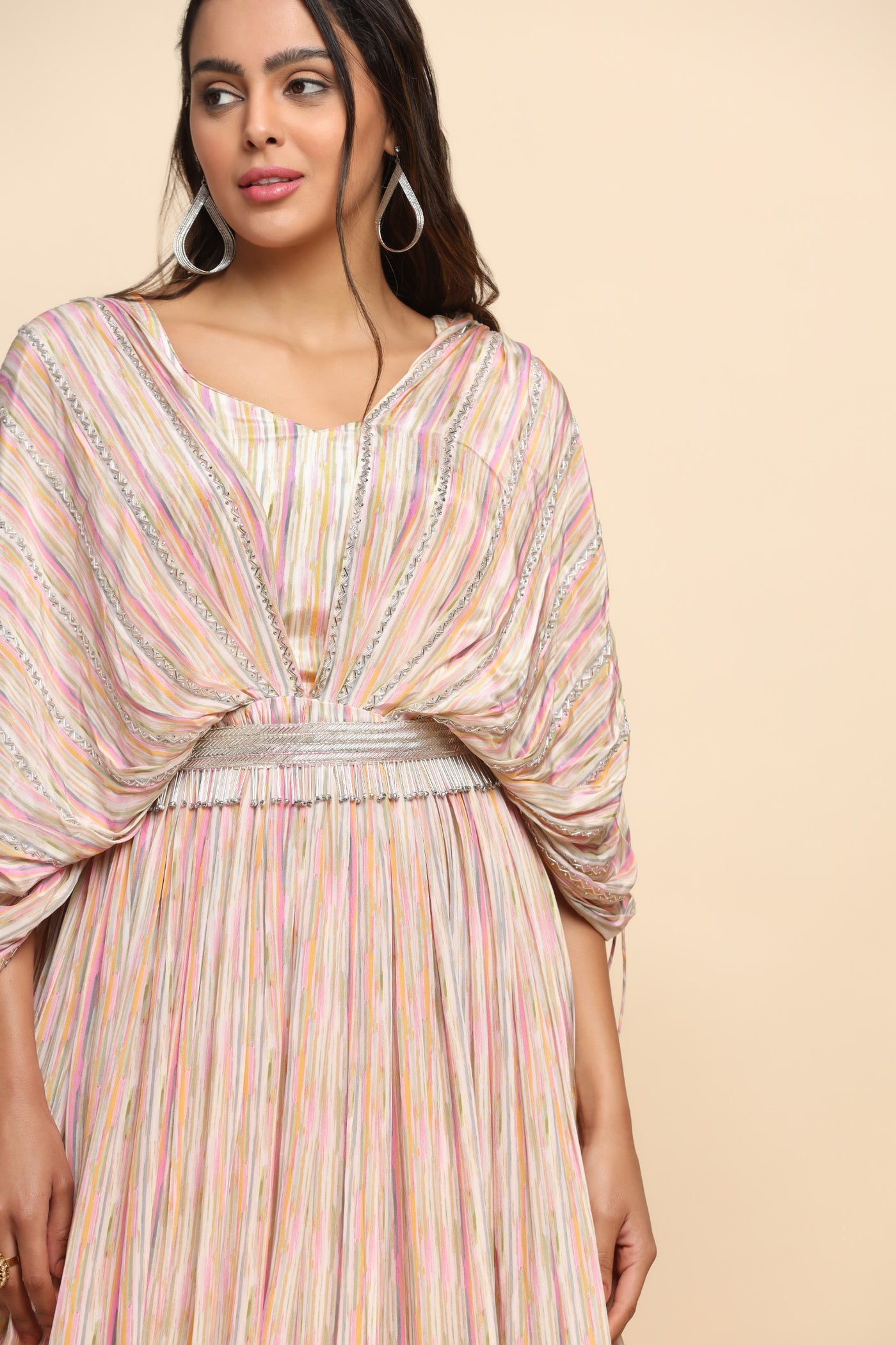 Elegant light multi color dress with curtain sleeves