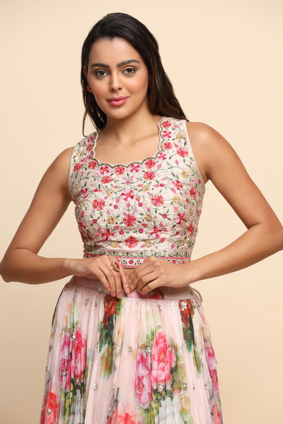 Girl Wearing A Light Pink Color Floral Printed and Embroidered Lehenga Set