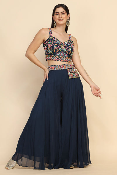 Classic Blue color floral motif embroidered palazzo set