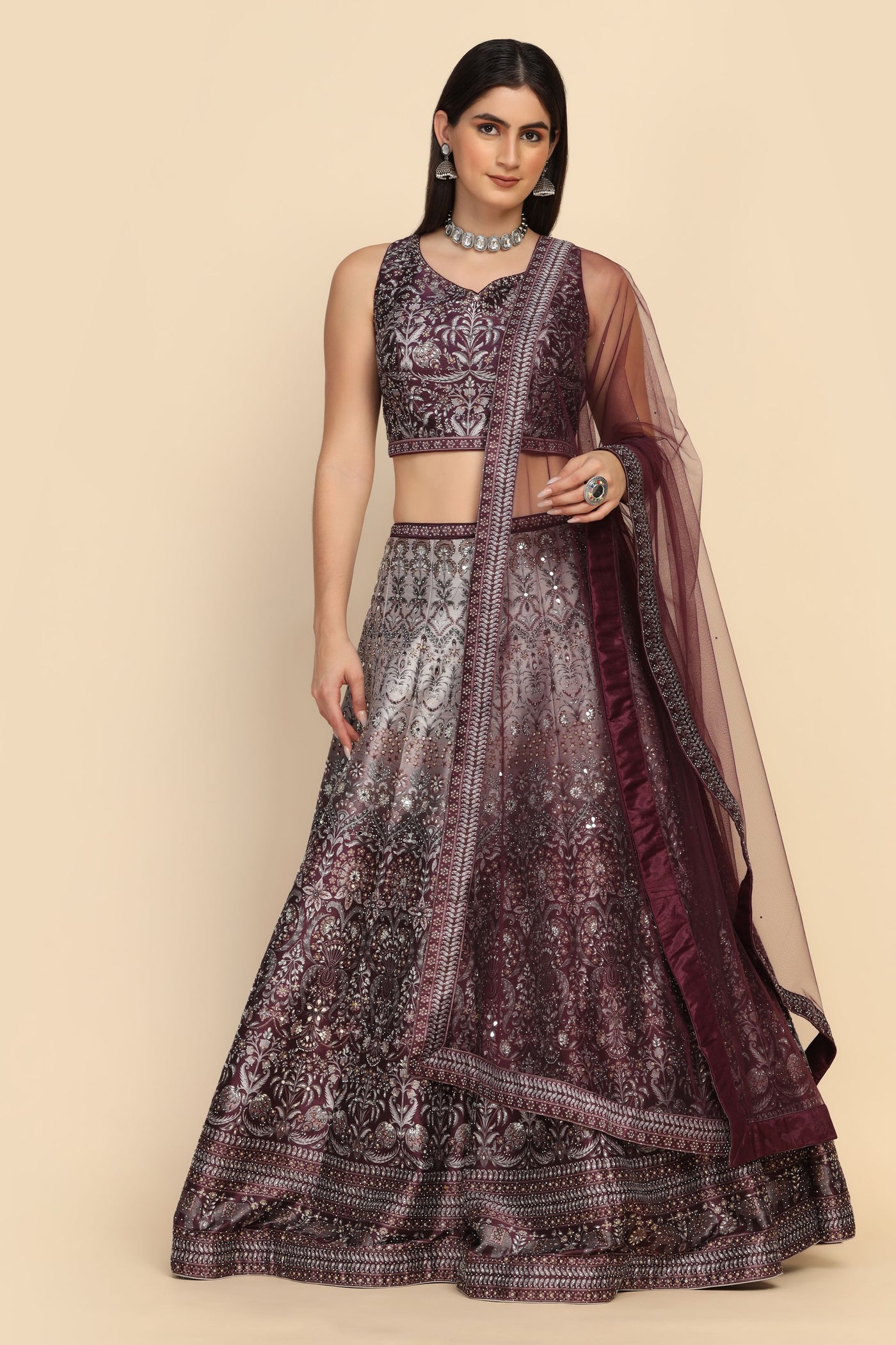 Beautiful wine color floral motif embroidered lehenga