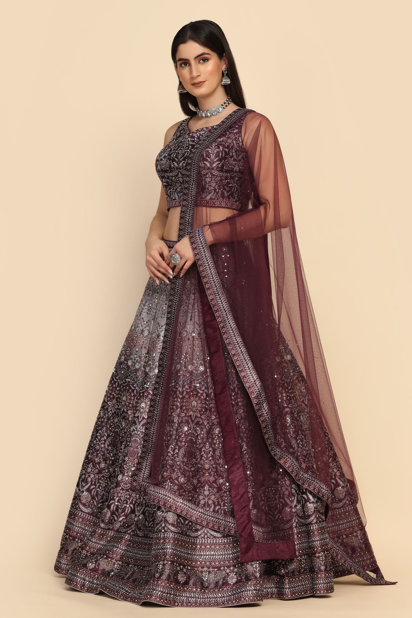 Beautiful wine color floral motif embroidered lehenga