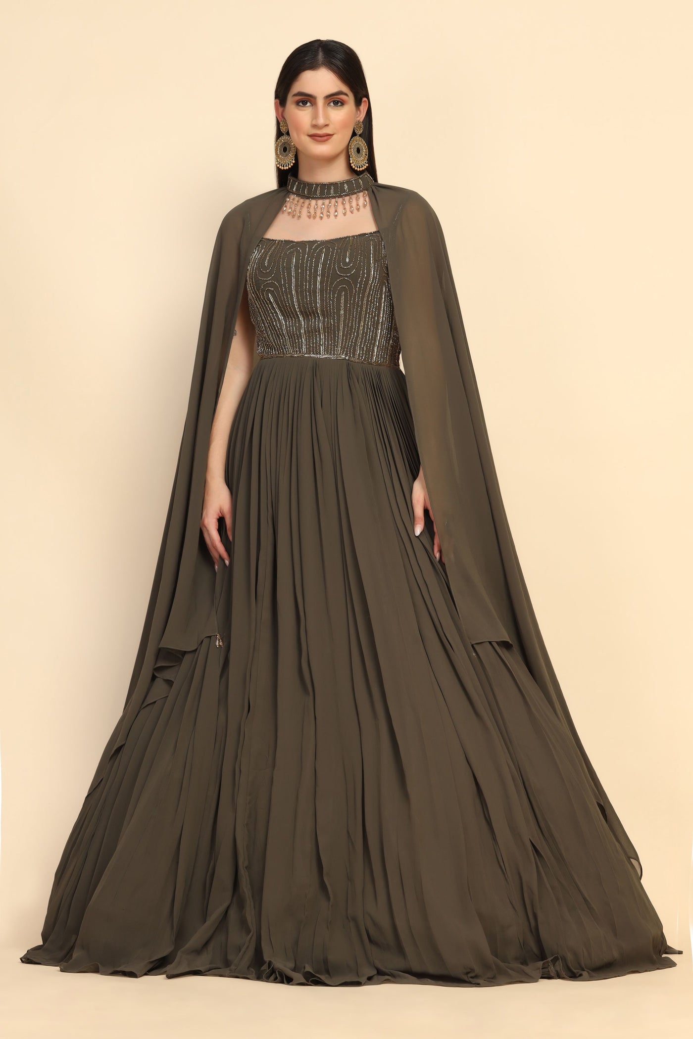 elite olive embroidered cocktail gown