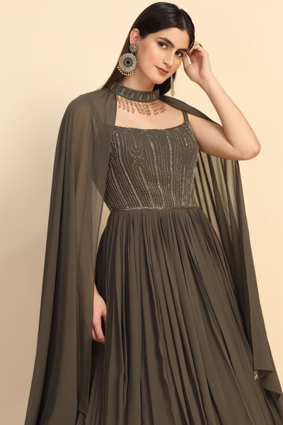 elite olive embroidered cocktail gown