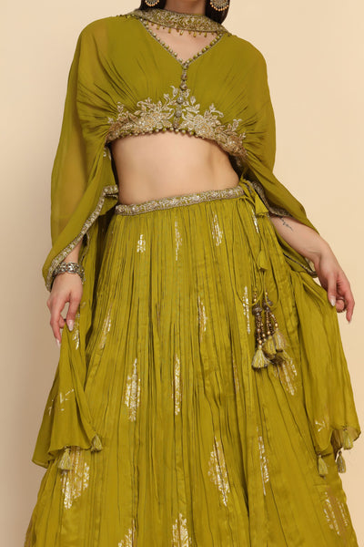 stylish green color floral motif embroidered lehenga