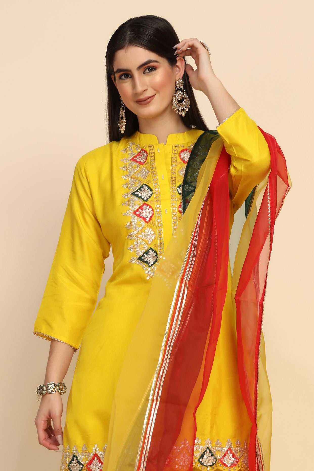 stylish yellow color floral motif embroidered sharara set