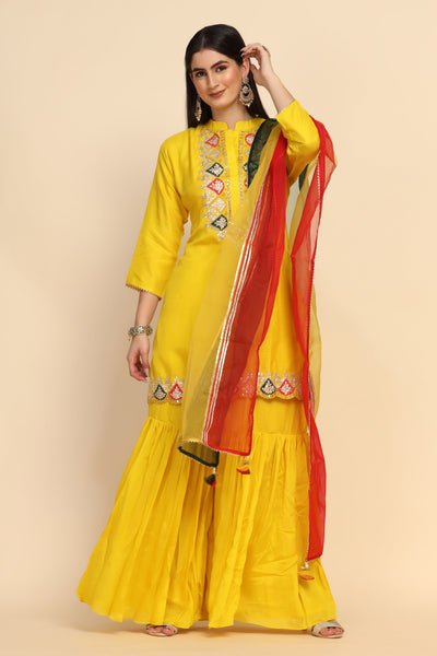 stylish yellow color floral motif embroidered sharara set