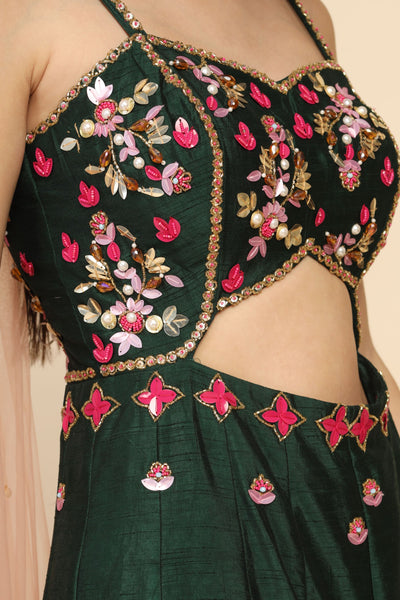 classy green color floral motif embroidered crop top set