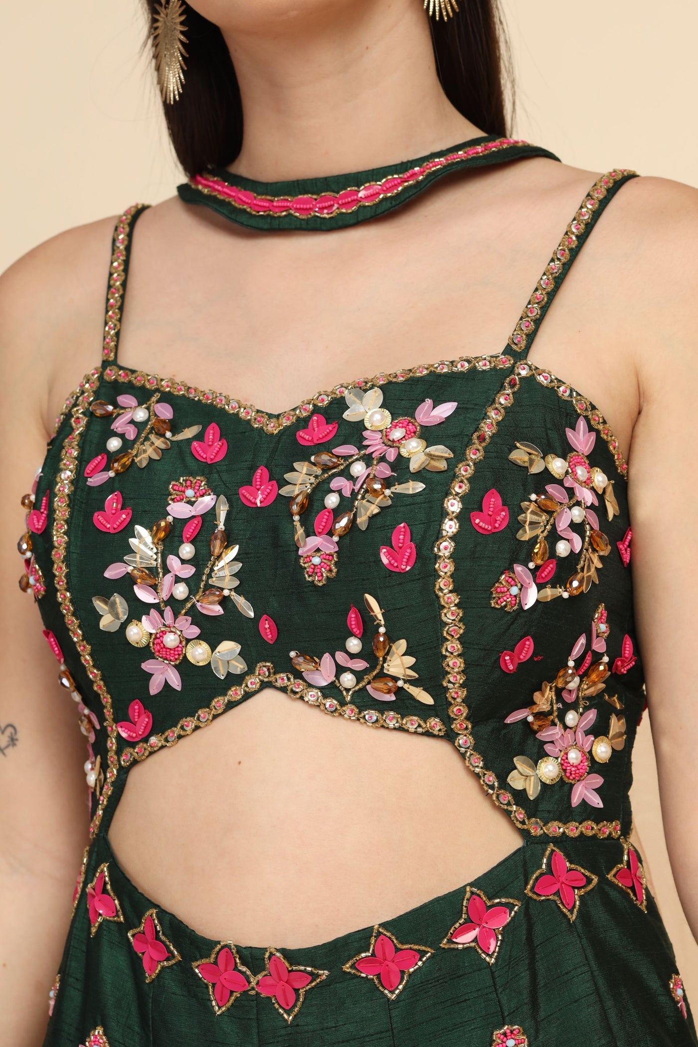 classy green color floral motif embroidered crop top set