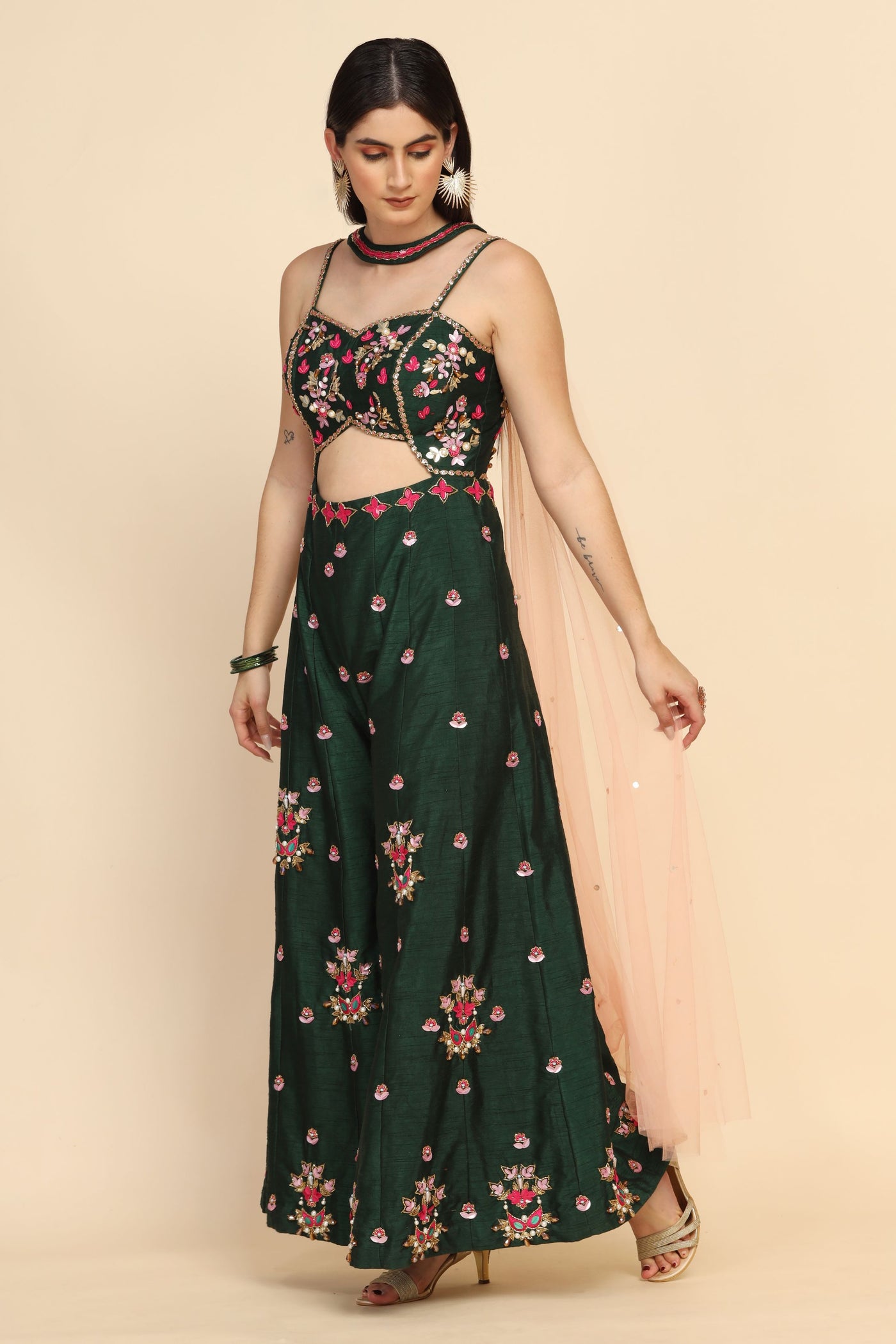 classy green color floral motif embroidered crop top set