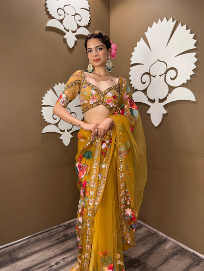 Beautiful mustard color floral motif embroidered saree