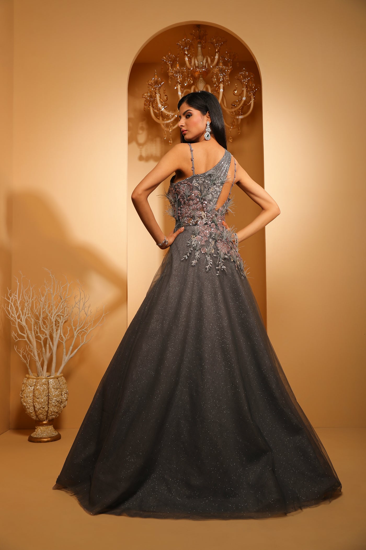 classic grey color floral motif embroidered gown