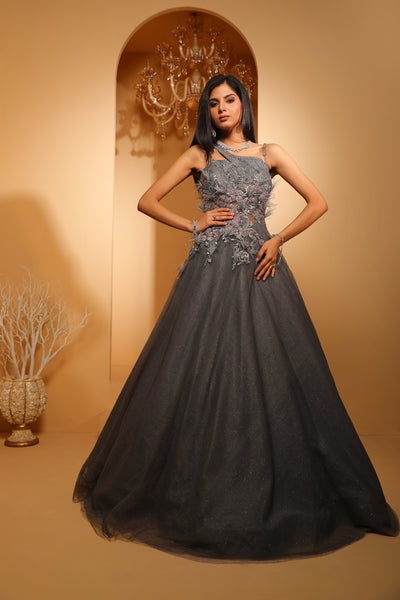 classic grey color floral motif embroidered gown