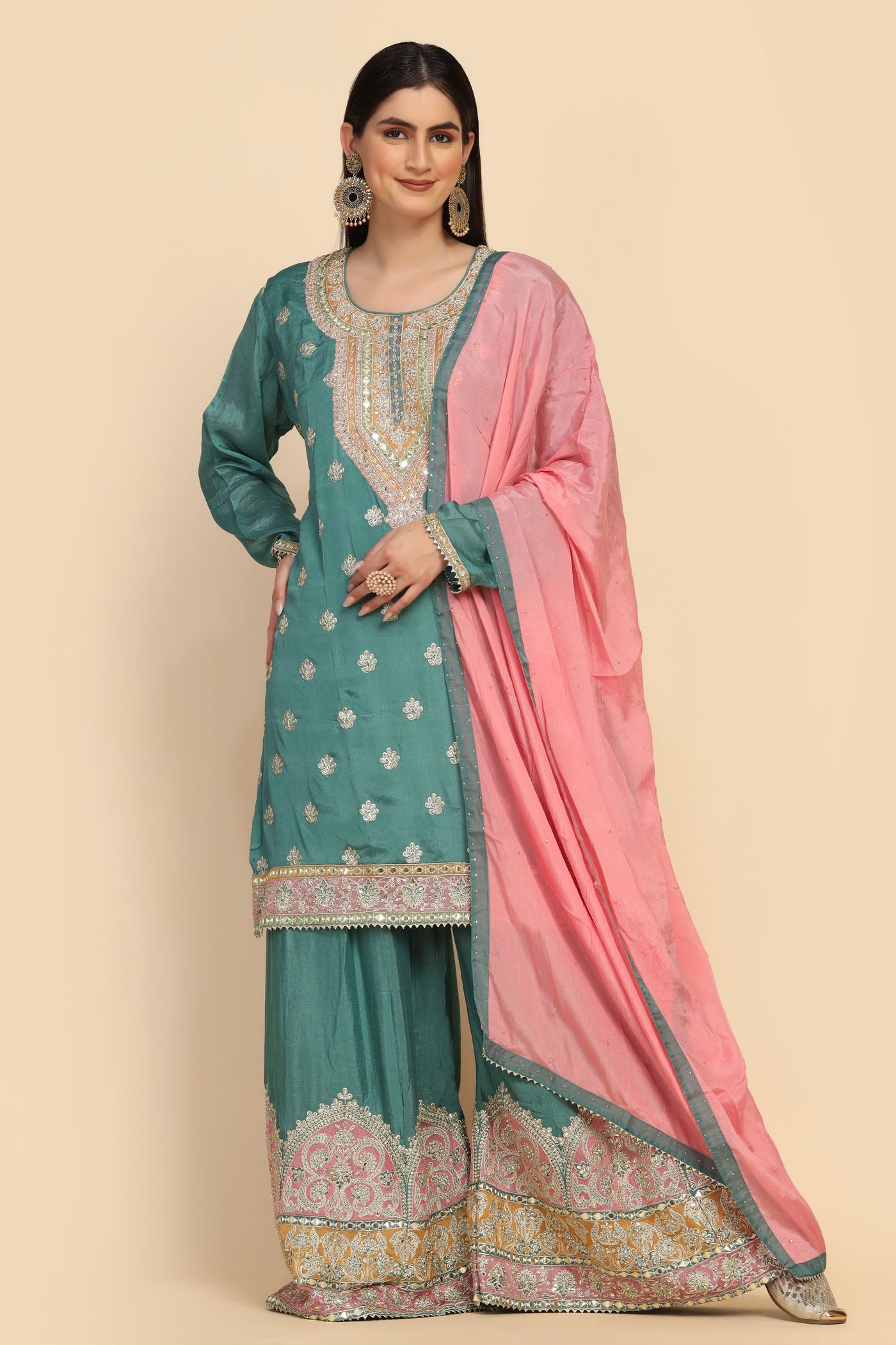 beautiful turquoise color floral motif embroidered sharara set
