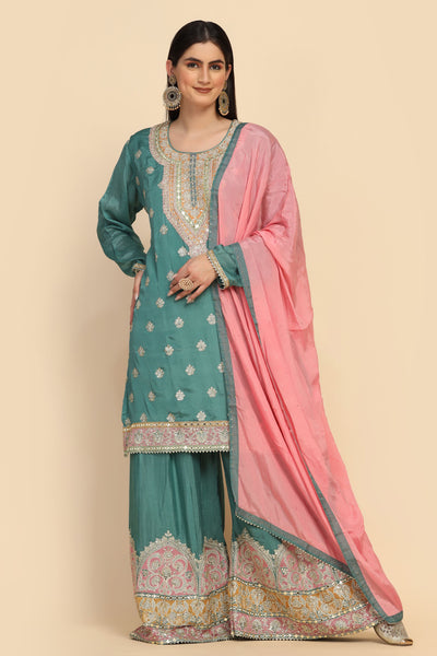 beautiful turquoise color floral motif embroidered sharara set