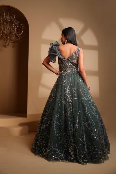 classic green color floral motif embroidered gown