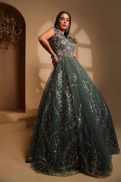 classic green color floral motif embroidered gown