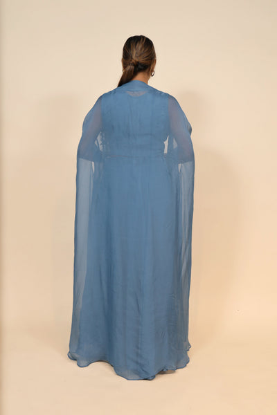 back side look of the blue long dress