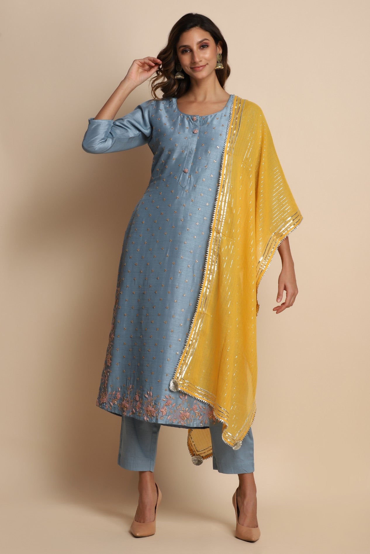 Traditional blue suit with highlights and yellow dupatta