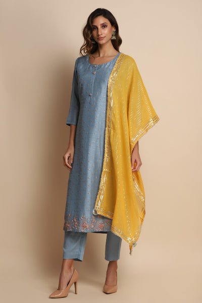 Traditional blue suit with highlights and yellow dupatta