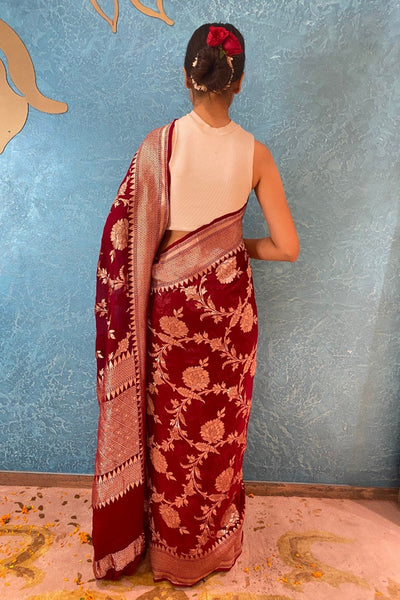 Woven maroon saree with floral jaal and bouse