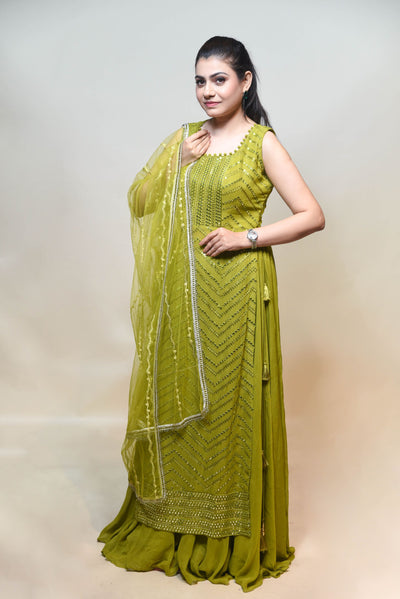classic green color geomatical motif embroidered sharara set
