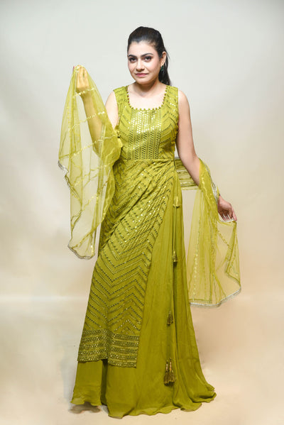 classic green color geomatical motif embroidered sharara set