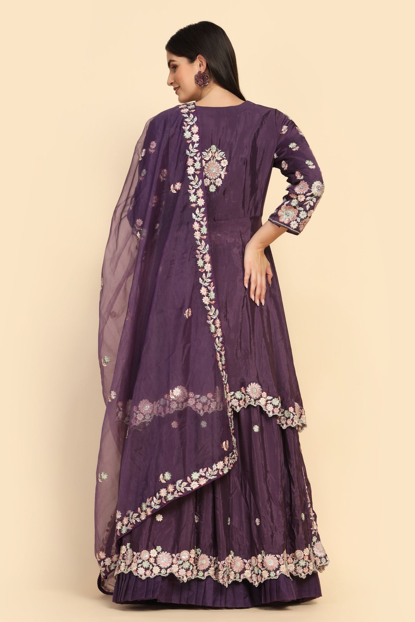 elegant purple color floral motif embroidered lehenga set